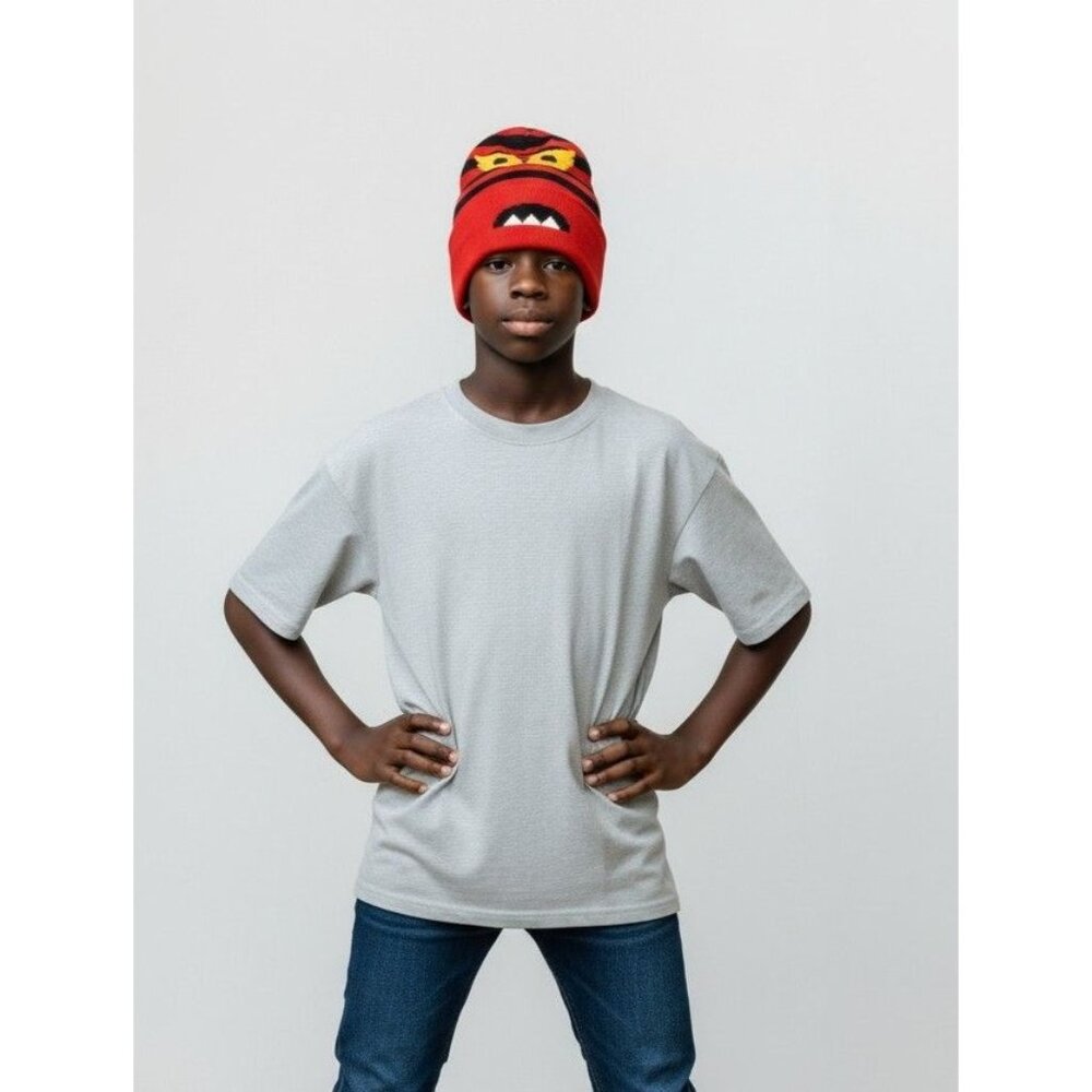 Red & Black Striped Monster Knit Beanie Hat & Gloves Set For Kids By Capelli